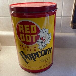 Vintage Red Dot French Fried Popcorn Tin, 50's Memorabilia, 11.5” tall.